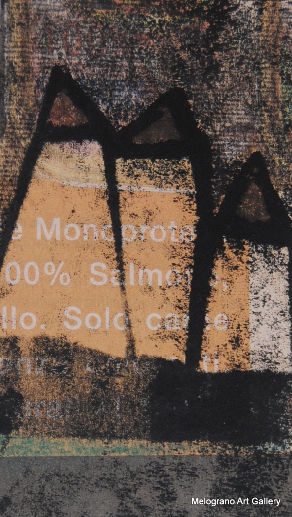 Monotipo con intervento manuale di Sergio Mazzoni – segni geometrici e tonalità terrose su carta.