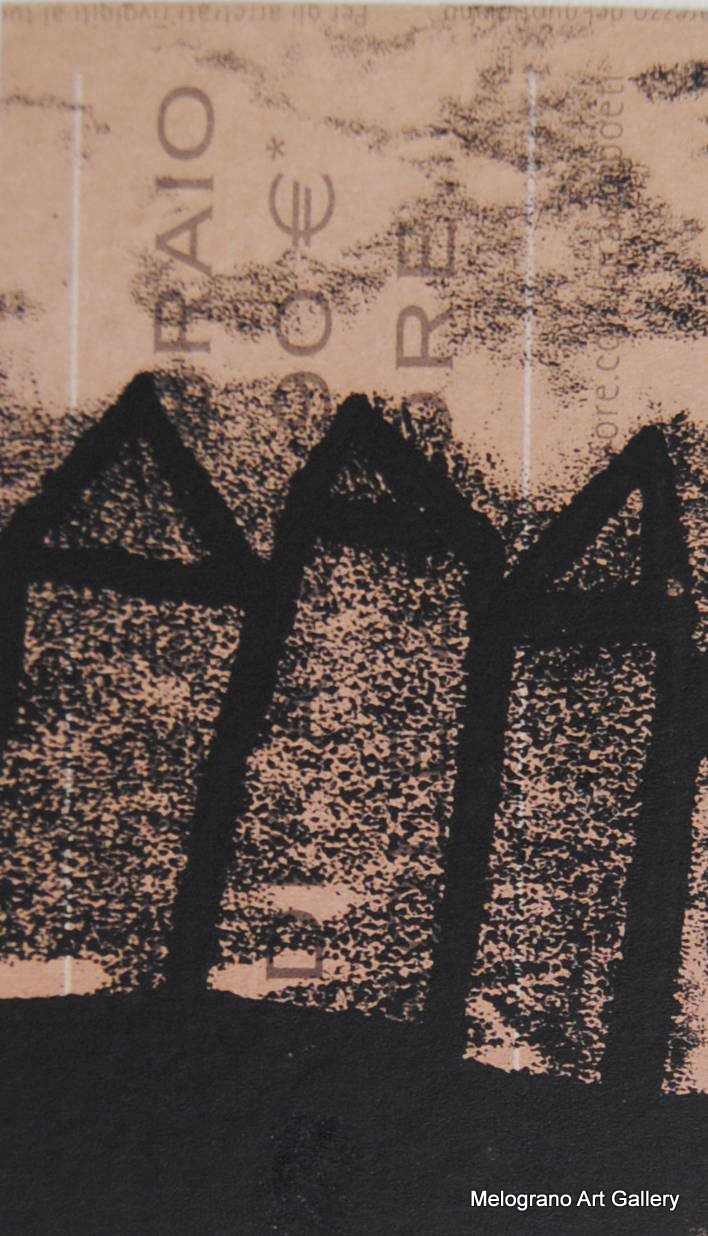 Monotipo con intervento manuale di Sergio Mazzoni – segni geometrici e tonalità terrose su carta.