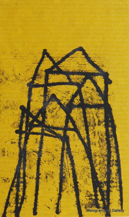 Monotipo con intervento manuale di Sergio Mazzoni – segni geometrici e tonalità ocra, gialle e terrose su carta.