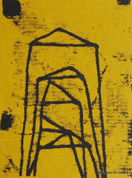 Monotipo con intervento manuale di Sergio Mazzoni – segni geometrici e tonalità ocra, gialle e terrose su carta.