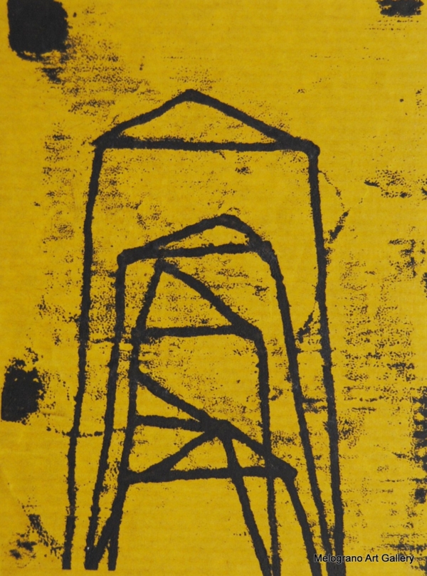 Monotipo con intervento manuale di Sergio Mazzoni – segni geometrici e tonalità ocra, gialle e terrose su carta.