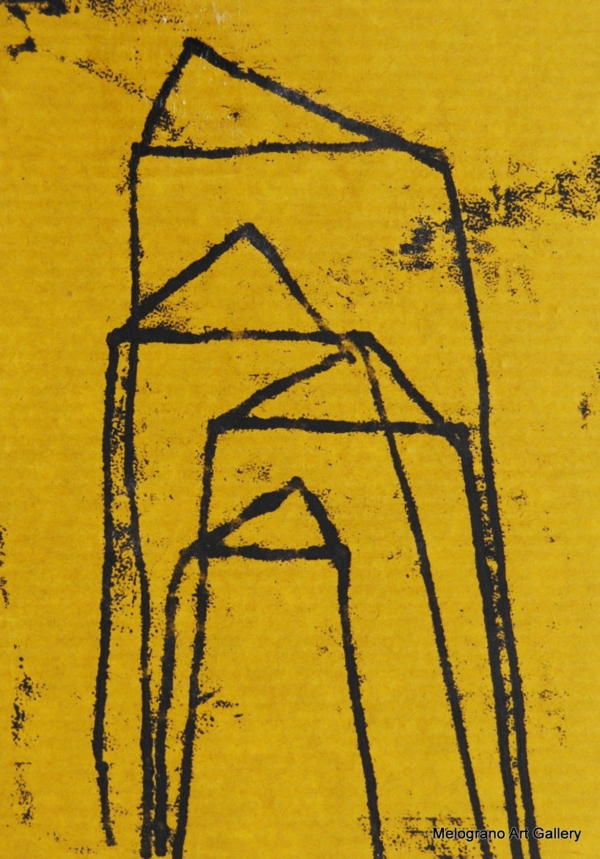 Monotipo con intervento manuale di Sergio Mazzoni – segni geometrici e tonalità ocra, gialle e terrose su carta.