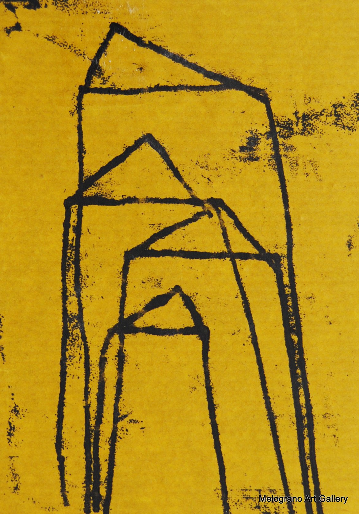 Monotipo con intervento manuale di Sergio Mazzoni – segni geometrici e tonalità ocra, gialle e terrose su carta.