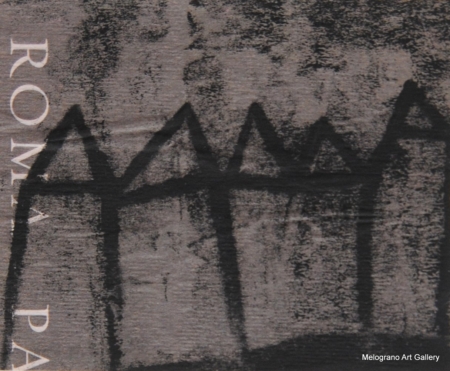 Monotipo con intervento manuale di Sergio Mazzoni – segni geometrici e tonalità terrose su carta.