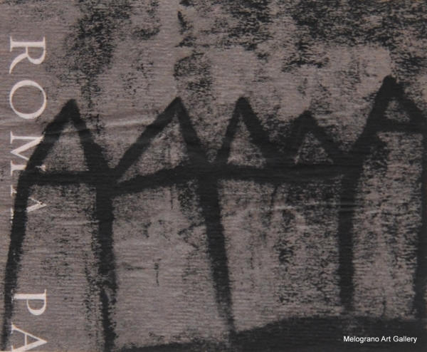 Monotipo con intervento manuale di Sergio Mazzoni – segni geometrici e tonalità terrose su carta.