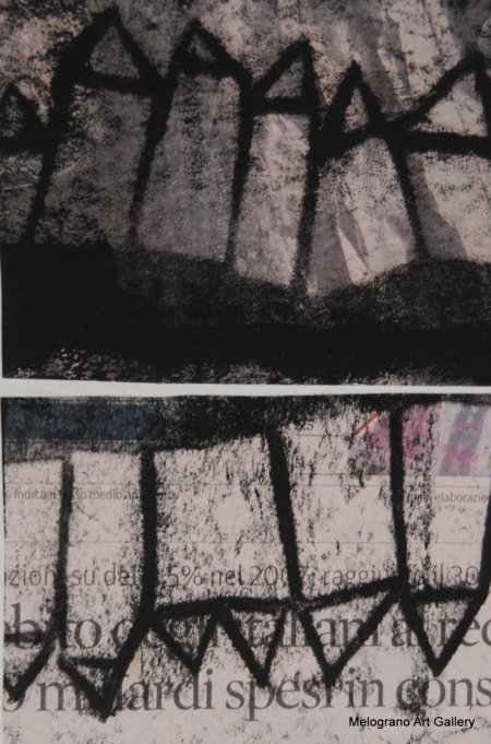 Monotipo con intervento manuale di Sergio Mazzoni – segni geometrici e tonalità terrose su carta.