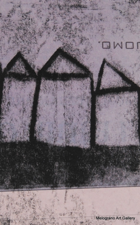 Monotipo con intervento manuale di Sergio Mazzoni – segni geometrici e tonalità terrose su carta.