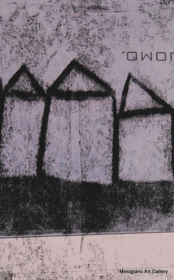 Monotipo con intervento manuale di Sergio Mazzoni – segni geometrici e tonalità terrose su carta.