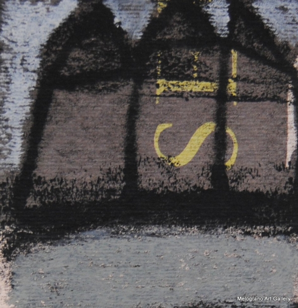 Monotipo con intervento manuale di Sergio Mazzoni – segni geometrici e tonalità terrose su carta.