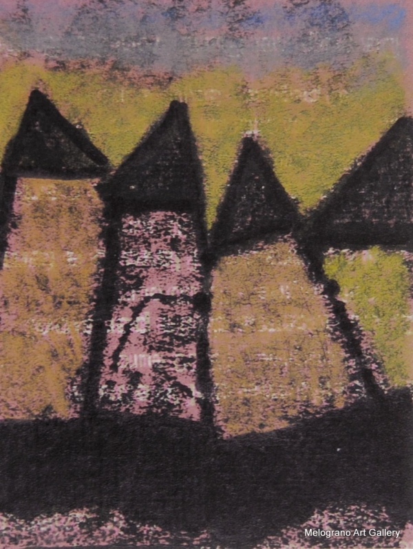 Monotipo con intervento manuale di Sergio Mazzoni – segni geometrici e tonalità terrose su carta.