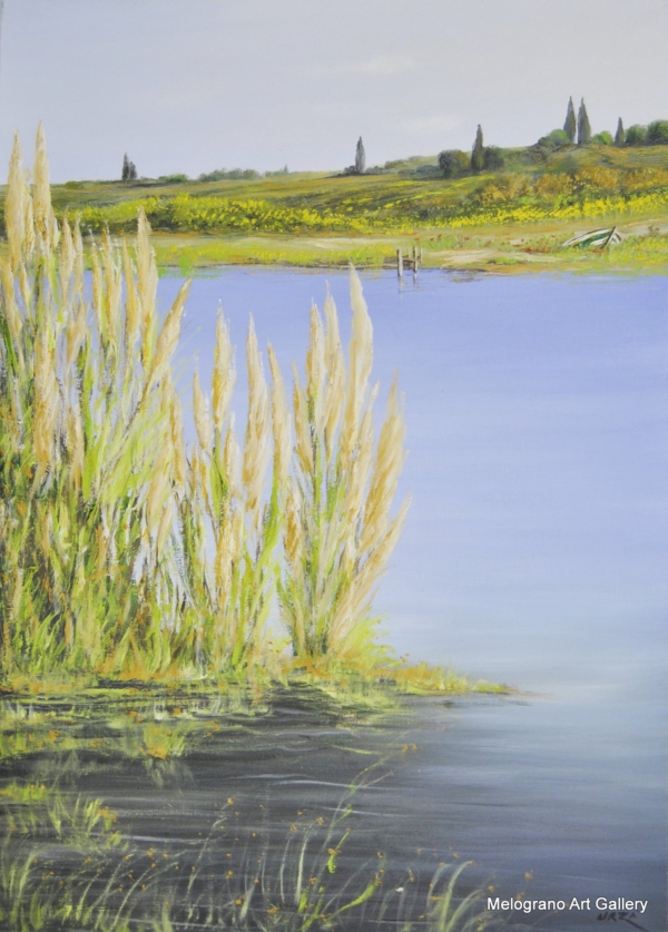 Quadro a olio su tela nei toni azzurri sul lago con vegetazione di Stefano Urzi