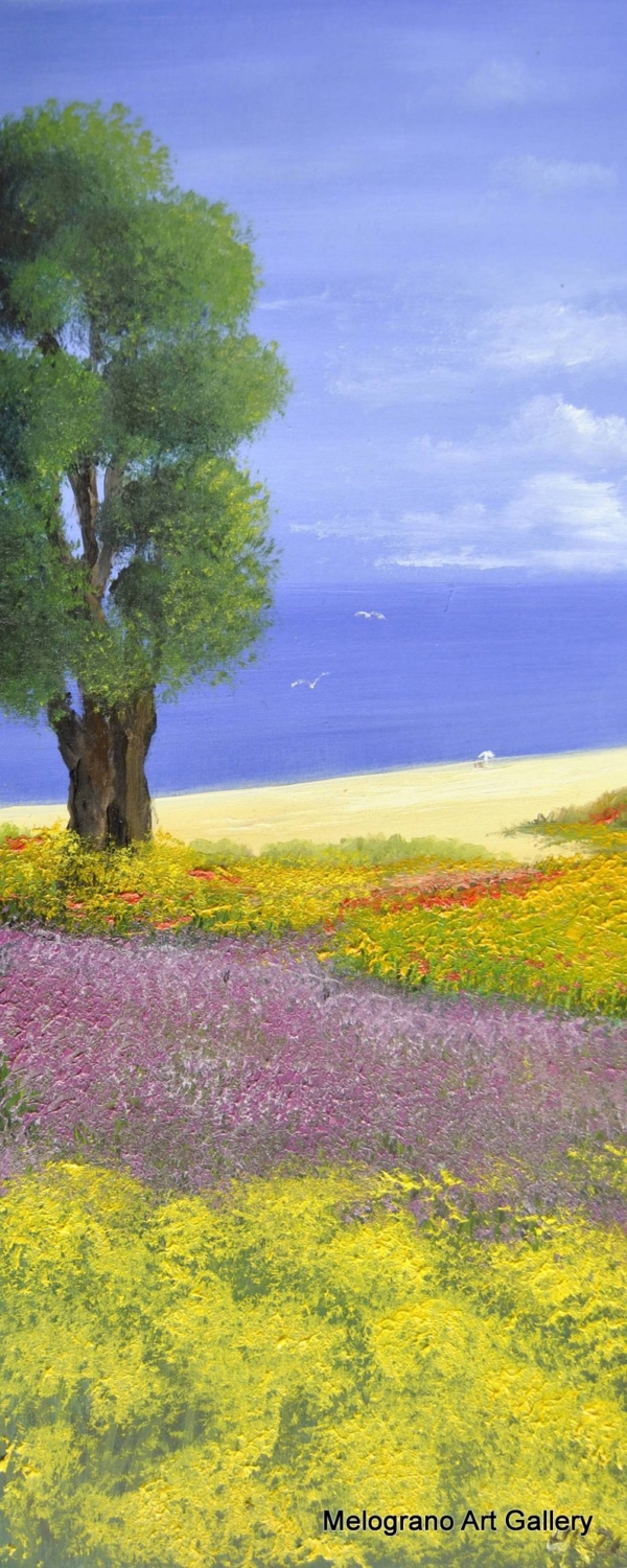 Olio su tavola di Stefano Urzi, pittore livornese, con spiaggia e fiori. Onde, spruzzi e riflessi del mare di Livorno catturati con sensibilità e maestria.