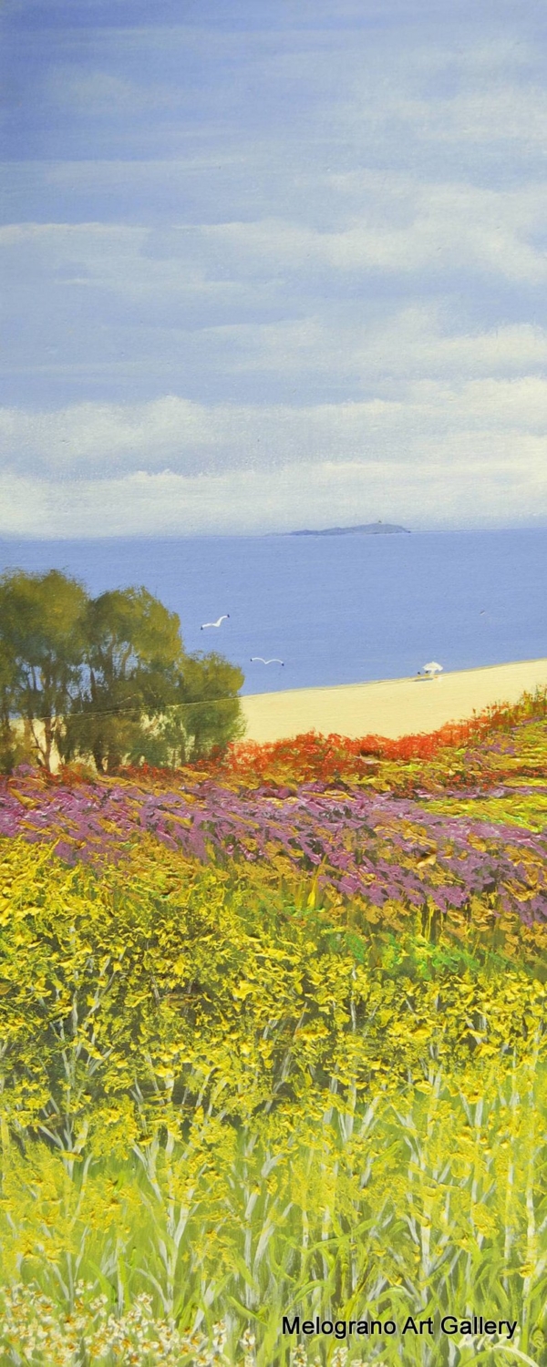 Olio su tavola di Stefano Urzi, pittore livornese, con spiaggia e fiori. Onde, spruzzi e riflessi del mare di Livorno catturati con sensibilità e maestria.
