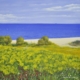 Olio su tela di Stefano Urzi, pittore livornese, con spiaggia e fiori. Onde, spruzzi e riflessi del mare di Livorno catturati con sensibilità e maestria.