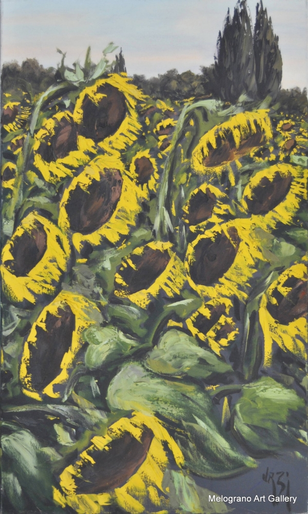 Quadro di STefano urzi pittore livornese. Girasoli in primo piano con i l loro giallo splendente