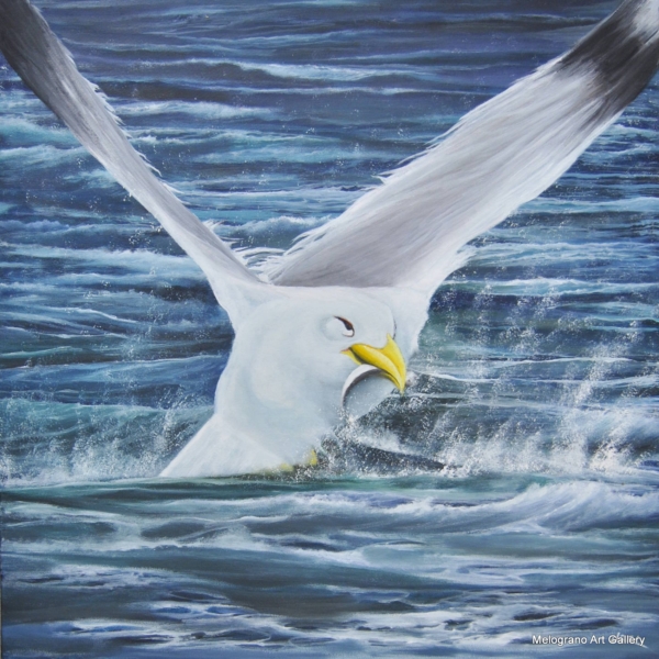 Olio su tela di Stefano Urzi, pittore livornese, con gabbiano sul mare realistico e poetico. Onde, spruzzi e riflessi del mare di Livorno catturati con sensibilità e maestria.
