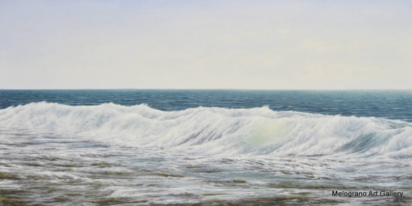 Olio su tela di Stefano Urzi, pittore livornese, con paesaggi marini realistici e poetici. Onde, spruzzi e riflessi del mare di Livorno catturati con sensibilità e maestria.