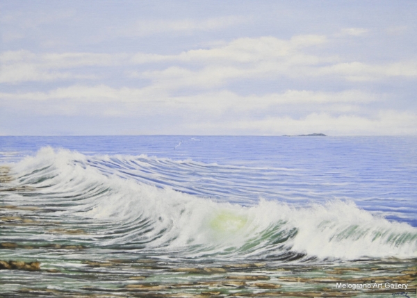 Olio su tela di Stefano Urzi, pittore livornese, con paesaggi marini realistici e poetici. Onde, spruzzi e riflessi del mare di Livorno catturati con sensibilità e maestria.
