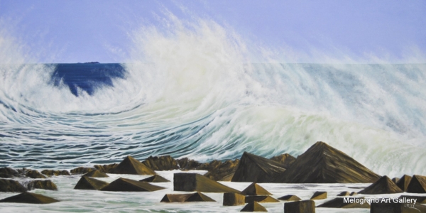Olio su tela di Stefano Urzi, pittore livornese, con paesaggi marini realistici e poetici. Onde, spruzzi e riflessi del mare di Livorno catturati con sensibilità e maestria.