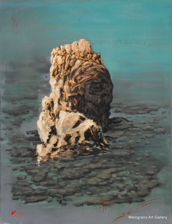 Quadro di Stefano Urzi il pittore del mare di livorno, con lo scoglio della ballerina che spicca nel verde smeraldo del mare