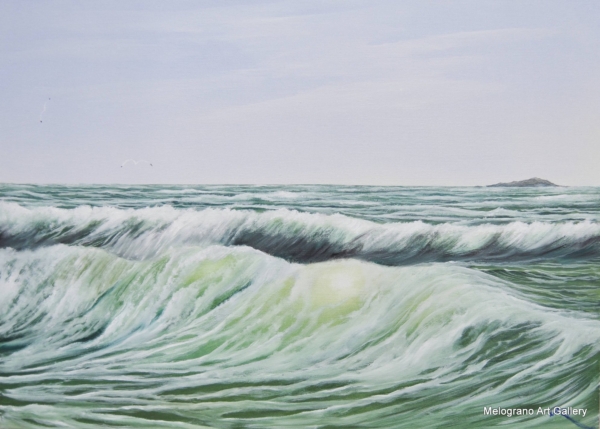 Olio su tela di Stefano Urzi, pittore livornese, con paesaggi marini realistici e poetici. Onde, spruzzi e riflessi del mare di Livorno catturati con sensibilità e maestria.