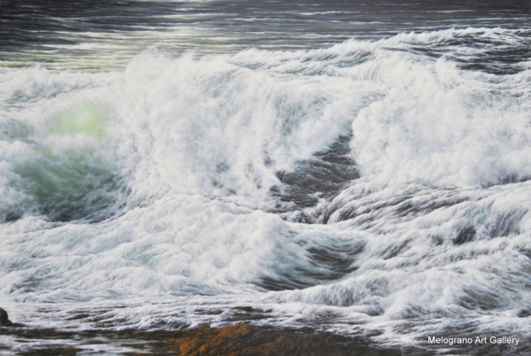 Olio su tela di Stefano Urzi, pittore livornese, con paesaggi marini realistici e poetici. Onde, spruzzi e riflessi del mare di Livorno catturati con sensibilità e maestria.