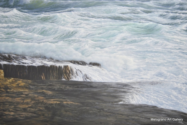Olio su tela di Stefano Urzi, pittore livornese, con paesaggi marini realistici e poetici. Onde, spruzzi e riflessi del mare di Livorno catturati con sensibilità e maestria.
