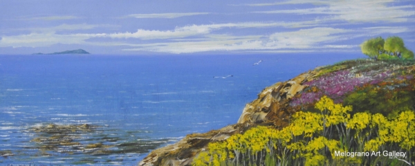 Olio su tavola di Stefano Urzi, pittore livornese, con spiaggia e fiori. Onde, spruzzi e riflessi del mare di Livorno catturati con sensibilità e maestria.