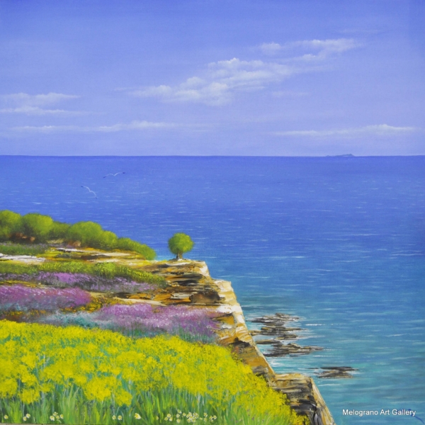 Olio su tela di Stefano Urzi, pittore livornese, con spiaggia e fiori. Onde, spruzzi e riflessi del mare di Livorno catturati con sensibilità e maestria.