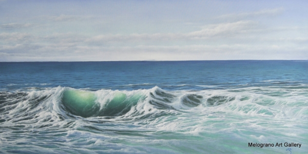 Olio su tela di Stefano Urzi, pittore livornese, con paesaggi marini realistici e poetici. Onde, spruzzi e riflessi del mare di Livorno catturati con sensibilità e maestria.