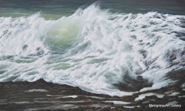 Olio su tela di Stefano Urzi, pittore livornese, con paesaggi marini realistici e poetici. Onde, spruzzi e riflessi del mare di Livorno catturati con sensibilità e maestria.