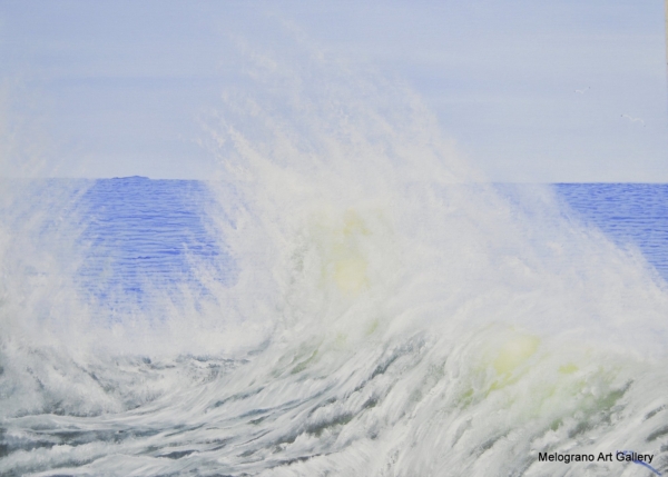 Olio su tela di Stefano Urzi, pittore livornese, con paesaggi marini realistici e poetici. Onde, spruzzi e riflessi del mare di Livorno catturati con sensibilità e maestria.