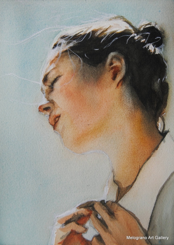 Acquerello di Taichi Ichikawa con volto di donna dai tratti delicati e sguardo introspettivo.