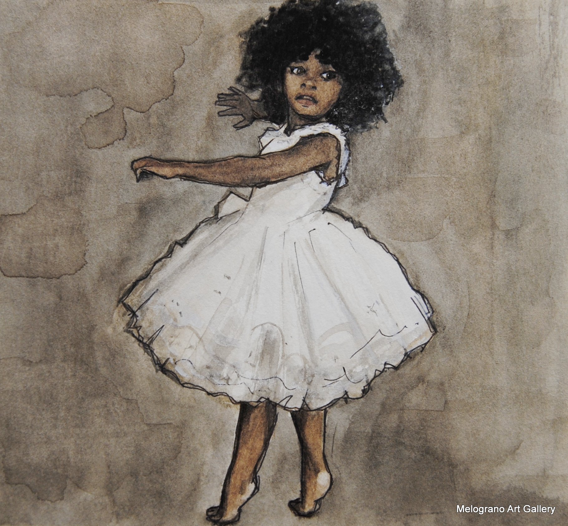 Acquerello di Taichi Ichikawa raffigurante una bimba in abito da danza in punta di piedi, con sguardo vivace e delicato.