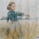 Acquerello di Taichi Ichikawa, bambina in un campo di grano con le braccia aperte al sole.