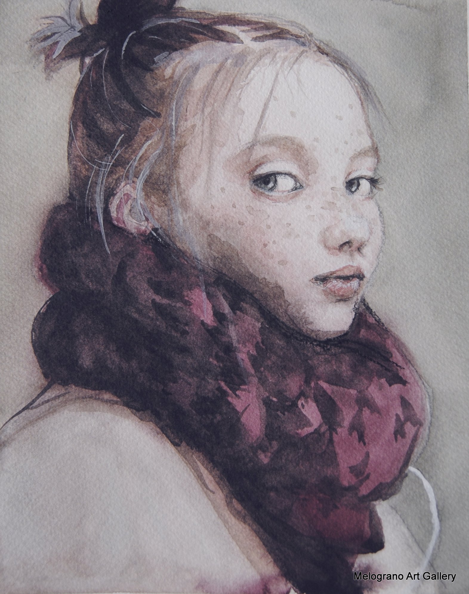 Acquerello di Taichi Ichikawa raffigurante una donna dallo sguardo profondo e contemporaneo.