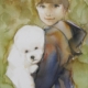 Acquerello di Taichi Ichikawa, bambina sorridente con cagnetto bianco in collo.