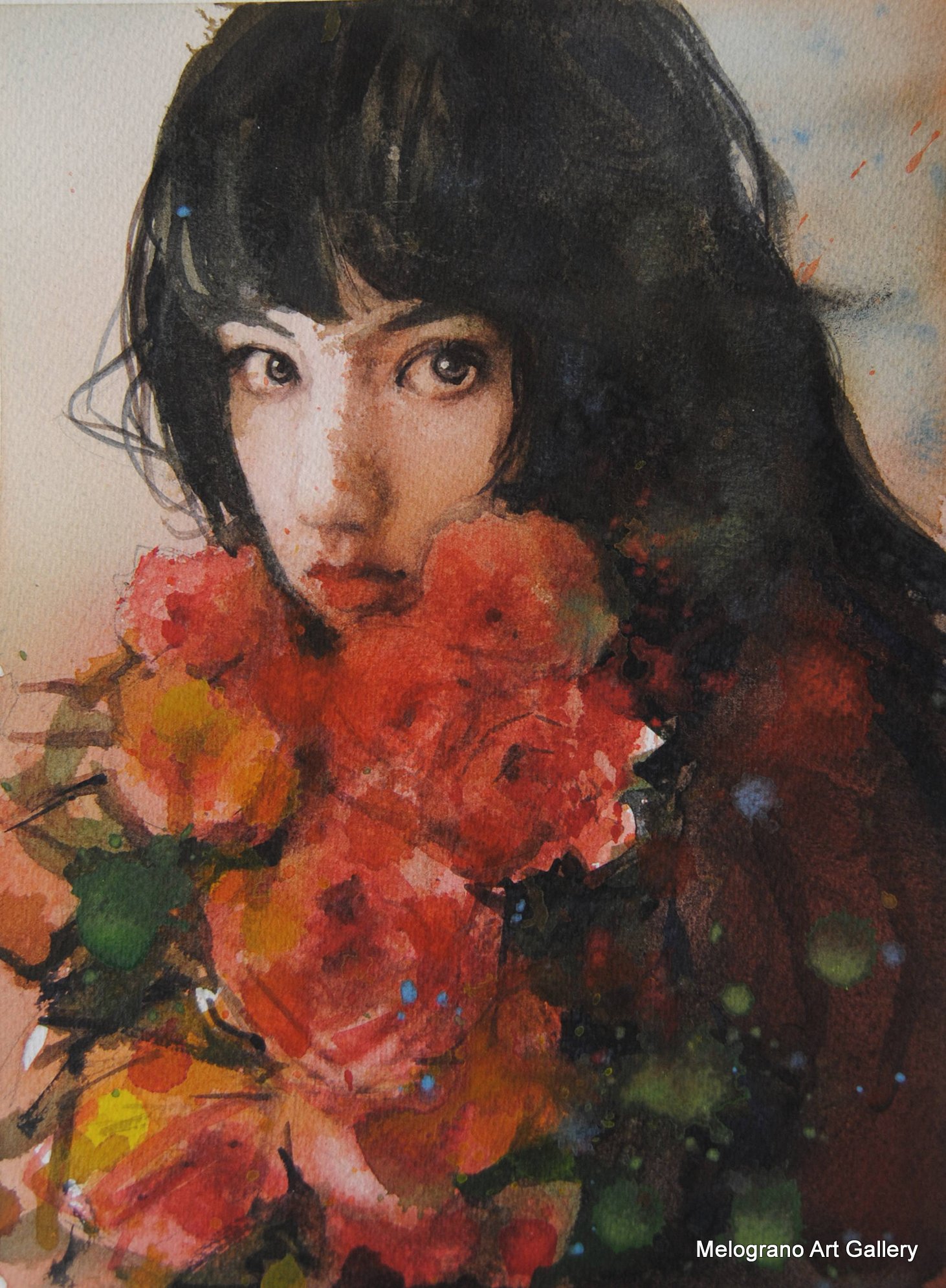 Ritratto acquerellato di Taichi Ichikawa, giovane donna dietro un bouquet di rose.