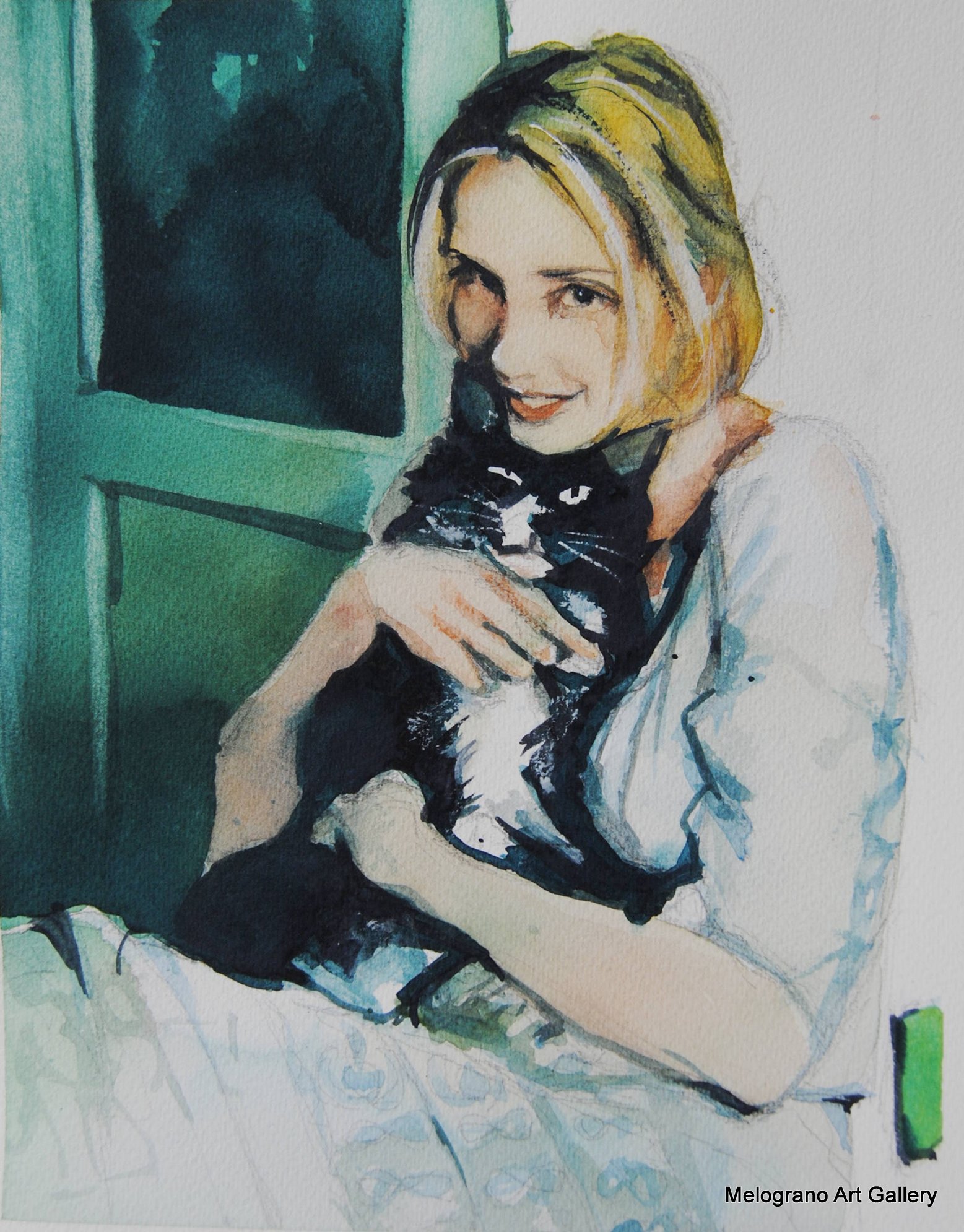 Acquerello di Taichi Ichikawa, giovane donna sorridente con un gatto al collo.