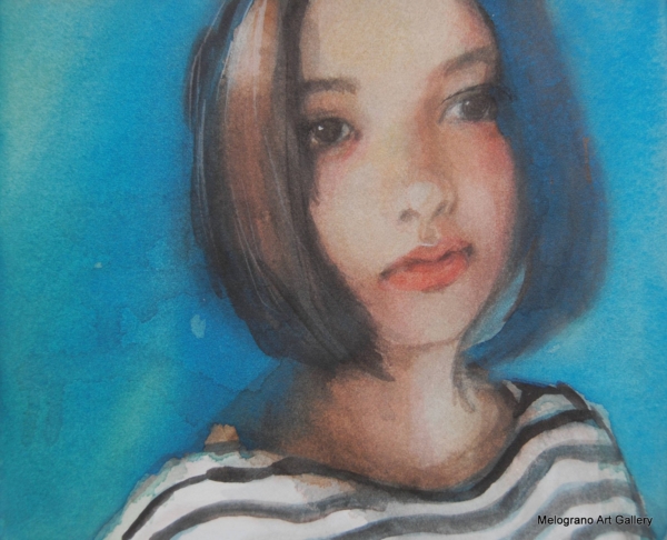 Ritratto femminile in acquerello di Taichi Ichikawa, volto intenso e moderno dai toni rosati e ambra.