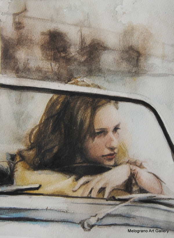 Acquerello di Taichi Ichikawa, donna vista dal parabrezza di un’auto scoperta, atmosfera contemplativa.