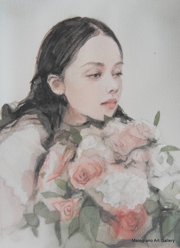 Acquerello di Taichi Ichikawa, donna con mazzo di rose rosa in atmosfera dolce e luminosa.