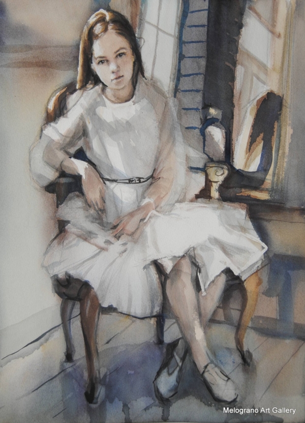 Acquerello di Taichi Ichikawa, giovane donna seduta su sedia classica, atmosfera riflessiva.