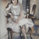 Acquerello di Taichi Ichikawa, giovane donna seduta su sedia classica, atmosfera riflessiva.