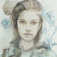Acquerello di Taichi Ichikawa, volto femminile dai tratti raffinati e atmosfera poetica.
