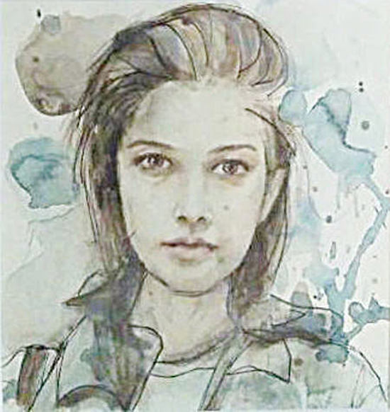 Acquerello di Taichi Ichikawa, volto femminile dai tratti raffinati e atmosfera poetica.