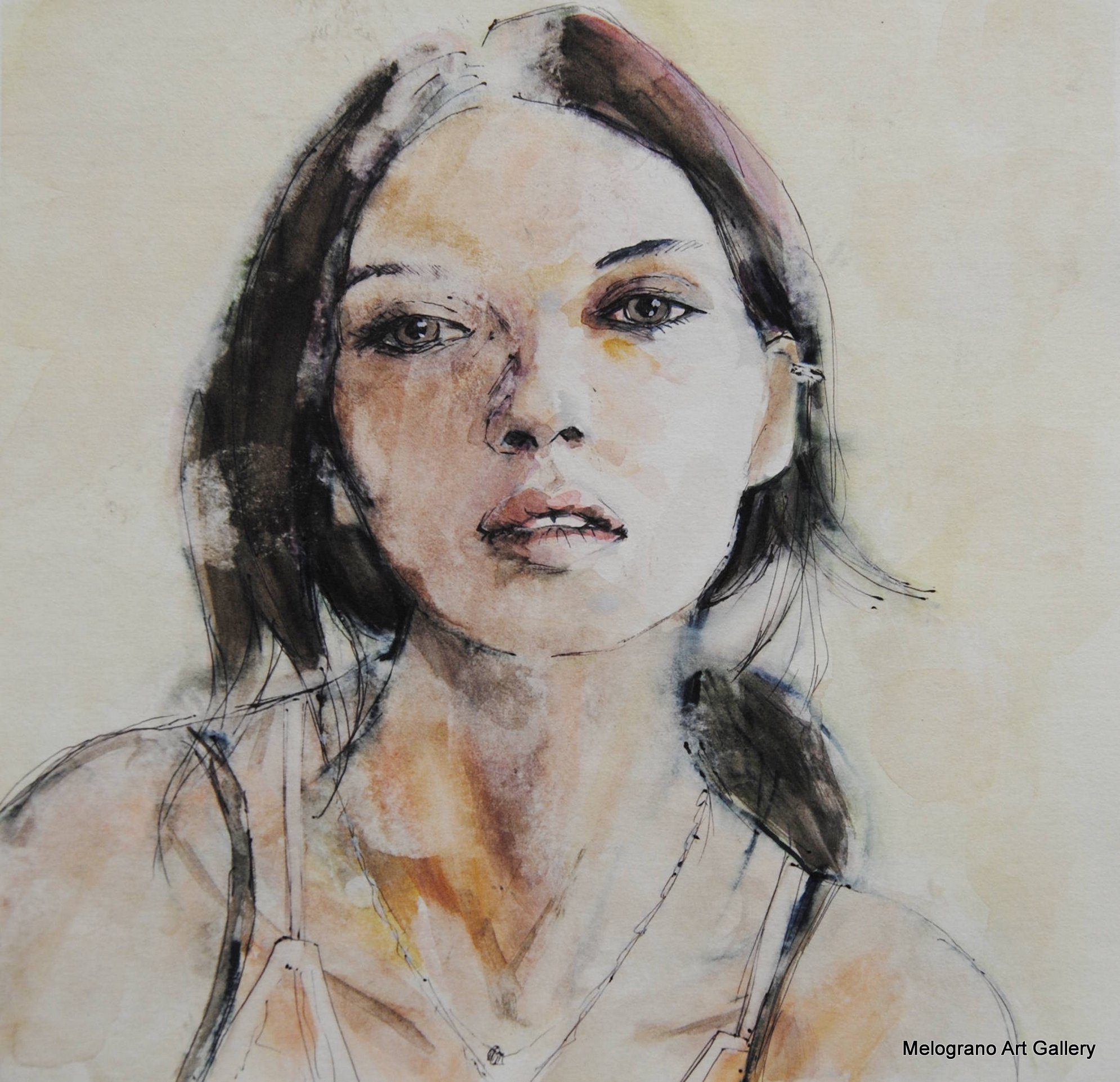 Ritratto di donna in acquerello, realizzato da Taichi Ichikawa con stile raffinato e narrativo.