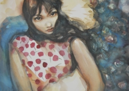 Acquerello di Taichi Ichikawa, giovane donna con camicetta decorata da papaveri rossi.