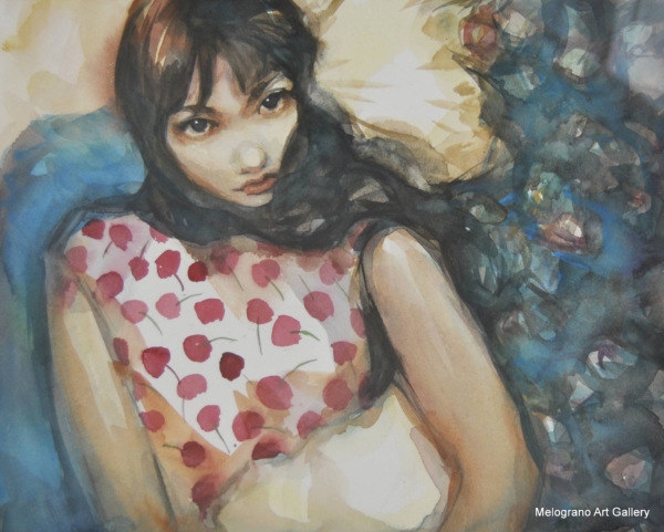 Acquerello di Taichi Ichikawa, giovane donna con camicetta decorata da papaveri rossi.