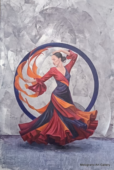 Dipinto figurativo di Valeria Luschi con donna che danza in abito arancio, viola e rosso, con cerchio sullo sfondo e movimento armonioso